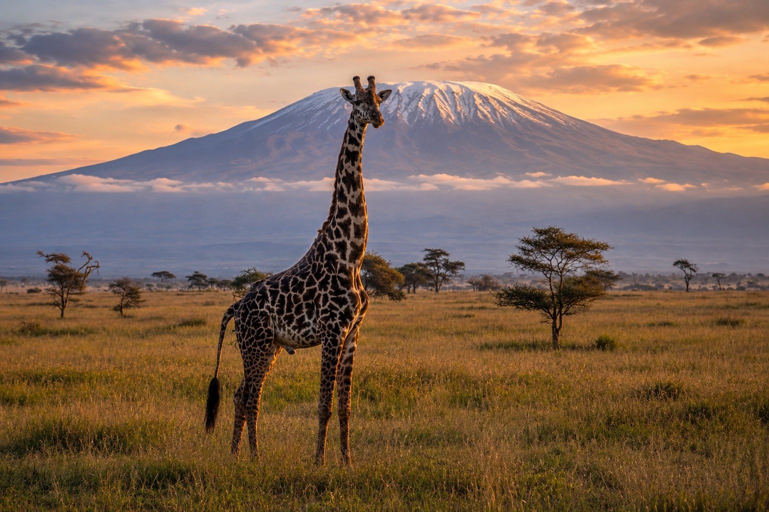 High-contrast, editorial photography of Mount Kilimanjaro at dawn. The snow-capped peaks are bathed in soft, ethereal blue and lavender light before the sun crests the horizon. The sky is a gradient of deep indigo to pale orange. The scene is majestic, silent, and incredibly detailed, capturing the thin mountain air and the tactile texture of the rocky slopes.